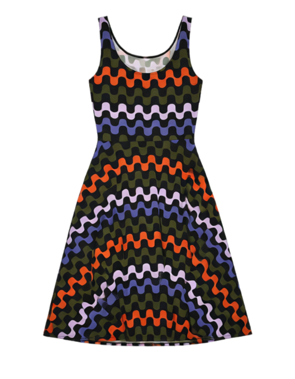 Nooworks Green Black Orange Purple Wave Pattern Sleeveless Midi Dress Doodle